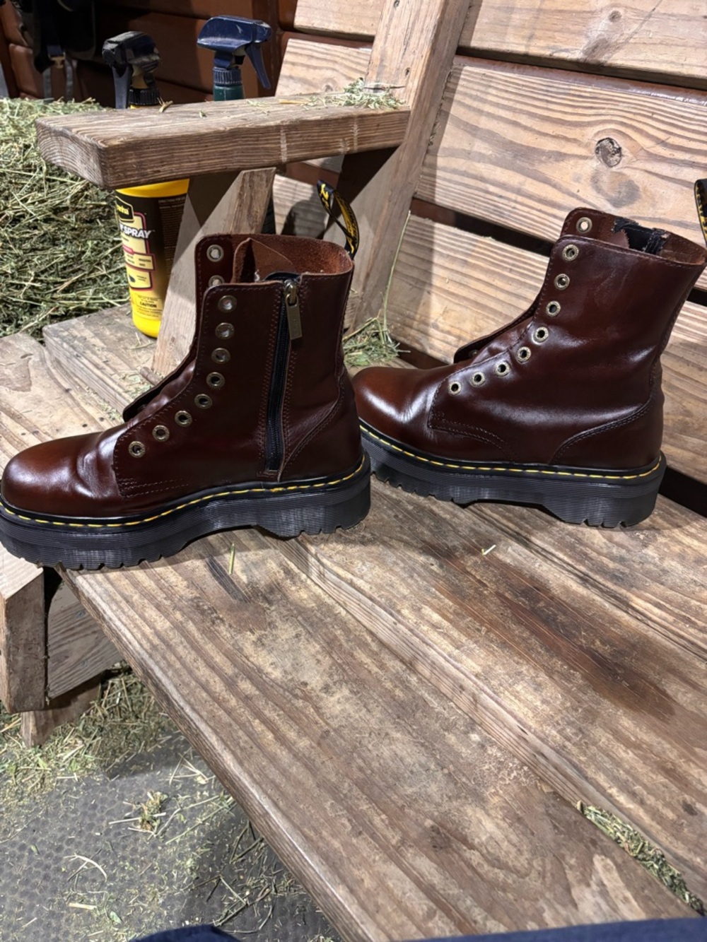 Dr. Martens Jadon Brown Leather Platform Boots with Yellow Stitching - Picture 2 of 6